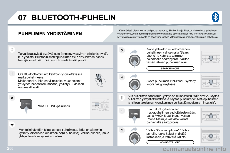 Peugeot 308 SW BL 2009.5  Omistajan käsikirja (in Finnish) 288
�1
�2
�3
�2
�1
�4
�0�7
  *   Käytettävissä olevat toiminnot riippuvat verk
osta, SIM-kortista ja Bluetooth-laitteiden ja puhel imen yhteensopivuudesta. Tarkista puhelimen ohjekirjasta  ja opera
