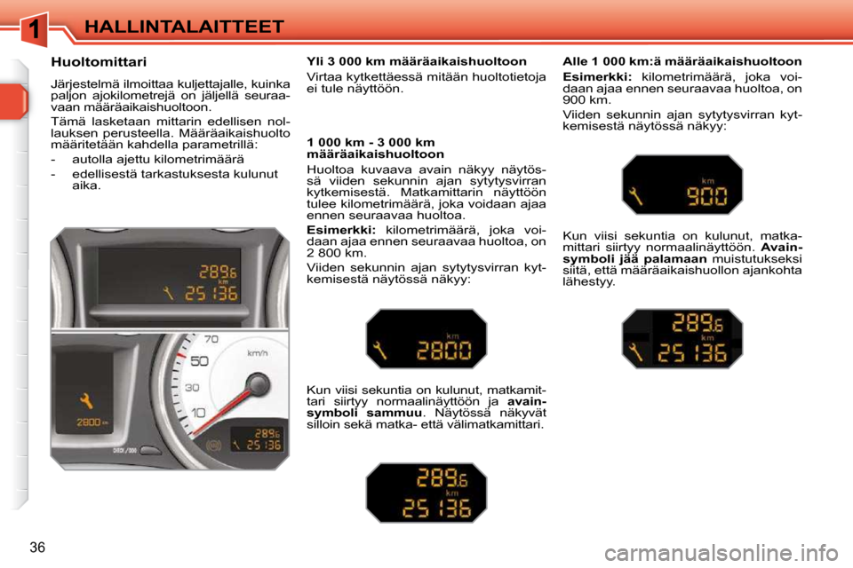 Peugeot 308 SW BL 2009.5  Omistajan käsikirja (in Finnish) 36
HALLINTALAITTEET
       Huoltomittari  
 Järjestelmä ilmoittaa kuljettajalle, kuinka  
paljon  ajokilometrejä  on  jäljellä  seuraa-
vaan määräaikaishuoltoon.  
 Tämä  lasketaan  mittarin