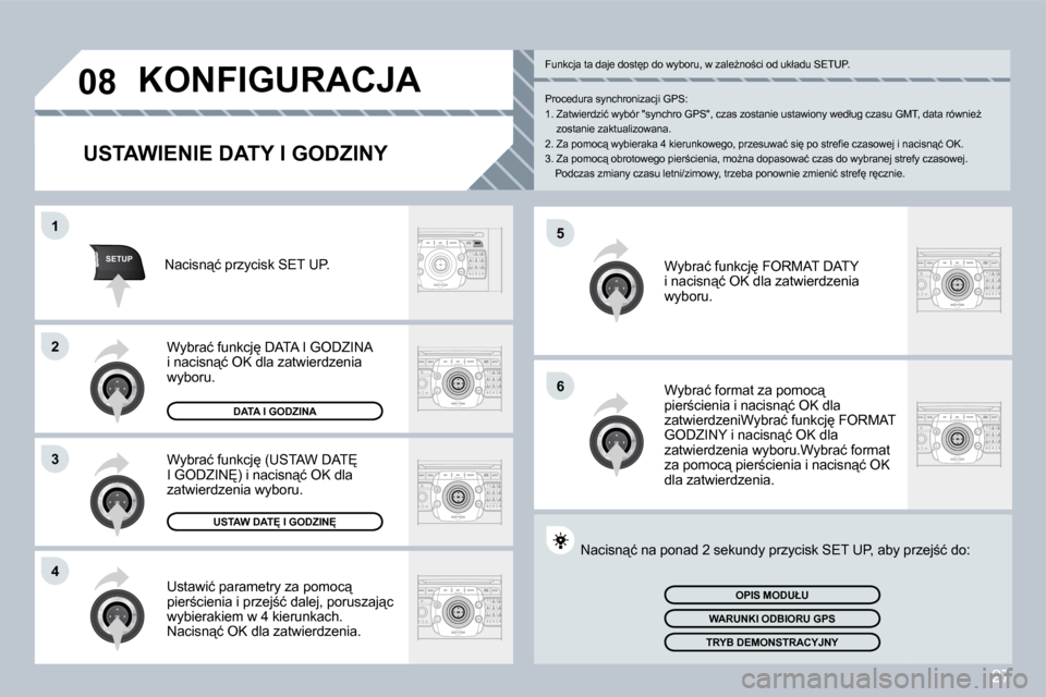 Peugeot 308 SW BL 2008.5  Instrukcja Obsługi (in Polish) 27
5
6
SETUP
1
2
3
4
08 KONFIGURACJA 
  USTAWIENIE DATY I GODZINY 
� �U�s�t�a�w�i�ć� �p�a�r�a�m�e�t�r�y� �z�a� �p�o�m�o�c"� �p�i�e�r;�c�i�e�n�i�a� �i� �p�r�z�e�j;�ć� �d�a�l�e�j�,� �p�o�r�u�s�z�a�