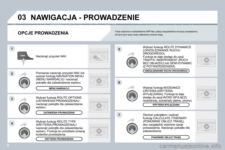 Peugeot 308 SW BL 2008.5  Instrukcja Obsługi (in Polish) 8
�0�3
�5
�6
�7
�1
�2
�3
�4
� �N�A�W�I�G�A�C�J�A� �-� �P�R�O�W�A�D�Z�E�N�I�E� 
  OPCJE PROWADZENIA 
� �W�y�b�r�a�ć� �f�u�n�k�c�j
� �R�O�U�T�E� �D�Y�N�A�M�I�C�S� �(�U�W�Z�G�L&�D�N�I�A�N�I�E� �R�U�C�