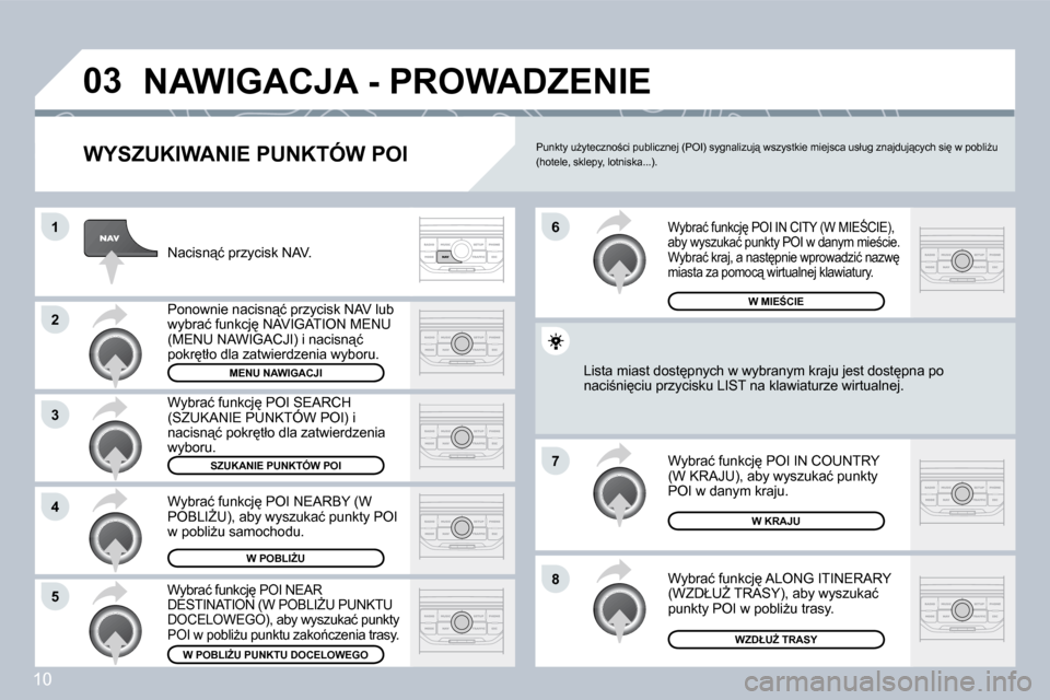 Peugeot 308 SW BL 2008.5  Instrukcja Obsługi (in Polish) 10
�0�3
�1
�2
�3
�4
�7
�8�5
�6
� �N�A�W�I�G�A�C�J�A� �-� �P�R�O�W�A�D�Z�E�N�I�E� 
� � �W�Y�S�Z�U�K�I�W�A�N�I�E� �P�U�N�K�T�Ó�W� �P�O�I� 
� �N�a�c�i�s�n"�ć� �p�r�z�y�c�i�s�k� �N�A�V�.� 
� �P�o�n�o�w