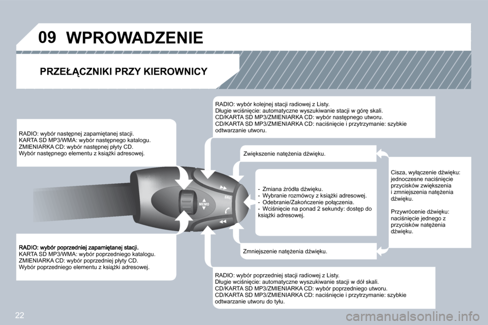 Peugeot 308 SW BL 2008.5  Instrukcja Obsługi (in Polish) 22
�0�9
� �K�A�R�T�A� �S�D� �M�P�3�/�W�M�A�:� �w�y�b�ó�r� �p�o�p�r�z�e�d�n�i�e�g�o� �k�a�t�a�l�o�g�u�.� � �Z�M�I�E�N�I�A�R�K�A� �C�D�:� �w�y�b�ó�r� �p�o�p�r�z�e�d�n�i�e�j� �p�ł�y�t�y� �C�D�.� � �W�