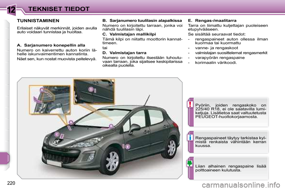 Peugeot 308 SW BL 2008.5 Omistajan käsikirja (in Finnish) 12
!
i
220
TEKNISET TIEDOT
TUNNISTAMINEN
Erilaiset näkyvät merkinnät, joiden avulla
auto voidaan tunnistaa ja huoltaa. Pyöriin, joiden rengaskoko on
225/40 R18, ei Peugeot 308 SW BL 2008.5 Omistajan käsikirja (in Finnish) 12
!
i
220
TEKNISET TIEDOT
TUNNISTAMINEN
Erilaiset näkyvät merkinnät, joiden avulla
auto voidaan tunnistaa ja huoltaa. Pyöriin, joiden rengaskoko on
225/40 R18, ei