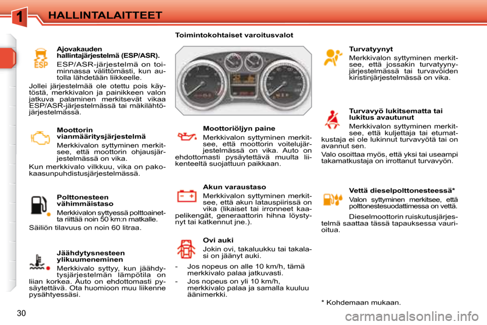 Peugeot 308 SW BL 2008.5  Omistajan käsikirja (in Finnish) 30
HALLINTALAITTEET   Moottorin  
vianmääritysjärjestelmä  
  Merkkivalon  syttyminen  merkit- 
see,  että  moottorin  ohjausjär-
jestelmässä on vika. 
 Kun merkkivalo vilkkuu, vika on pako-
k