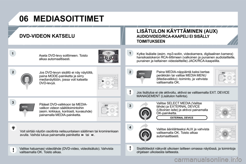 Peugeot 308 SW BL 2008.5  Omistajan käsikirja (in Finnish) 19
2
ABC 3
DEF
5
JKL
4
GHI 6
MNO
8
TUV
7
PQRS 9
WXYZ
0
* #
1
RADIO MEDIA
NAV ESC TRAFFIC
SETUPADDR BOOK1
3
4
06
22
3
MEDIA
1
MEDIA
 Kytke lisälaite (esim. mp3-soitin, videokamera, di gitaalinitaaline