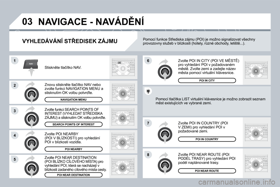 Peugeot 308 SW BL 2008.5  Návod k obsluze (in Czech) 11
NAV
03
1
2
3
4
7
85
6
� �N�A�V�I�G�A�C�E� �-� �N�A�V�Á�D(�N�Í� 
� � �V�Y�H�L�E�D�Á�V�Á�N�Í� �S�T8�E�D�I�S�E�K� �Z�Á�J�M�U� 
� �S�t�i�s�k�n)�t�e� �t�l�a�č�í�t�k�o� �N�A�V�.
� � �Z�n�o�v�u