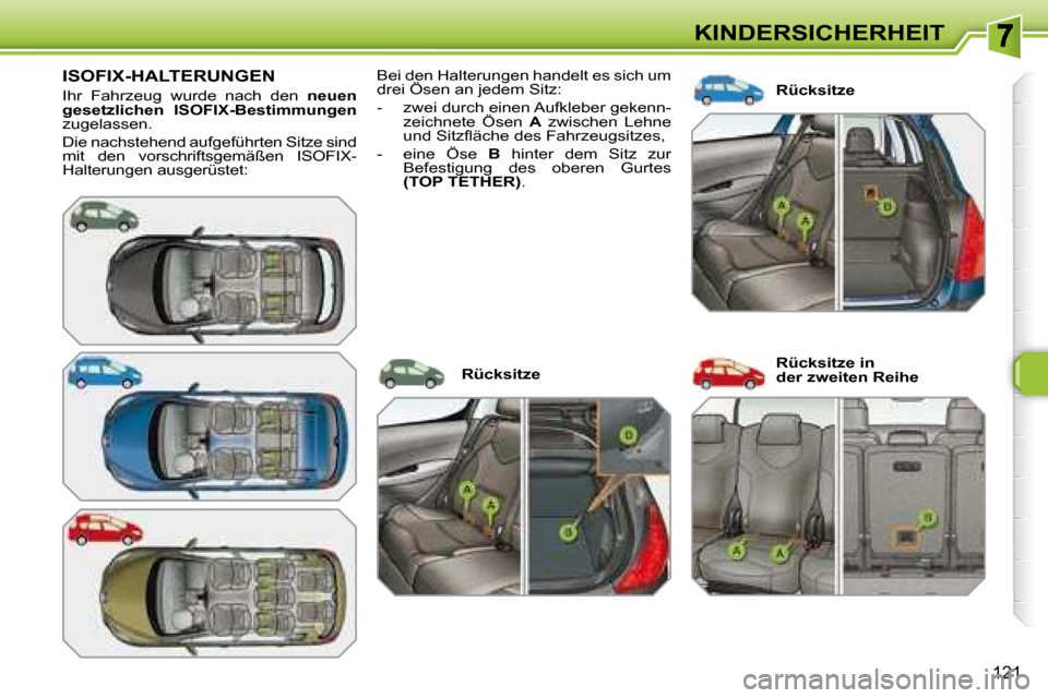 Peugeot 308 SW BL 2008  Betriebsanleitung (in German) 121
KINDERSICHERHEIT
         ISOFIX-HALTERUNGEN 
 Ihr  Fahrzeug  wurde  nach  den   neuen 
gesetzlichen  ISOFIX-Bestimmungen   
zugelassen.  
 Die nachstehend aufgeführten Sitze sind  
mit  den  vor