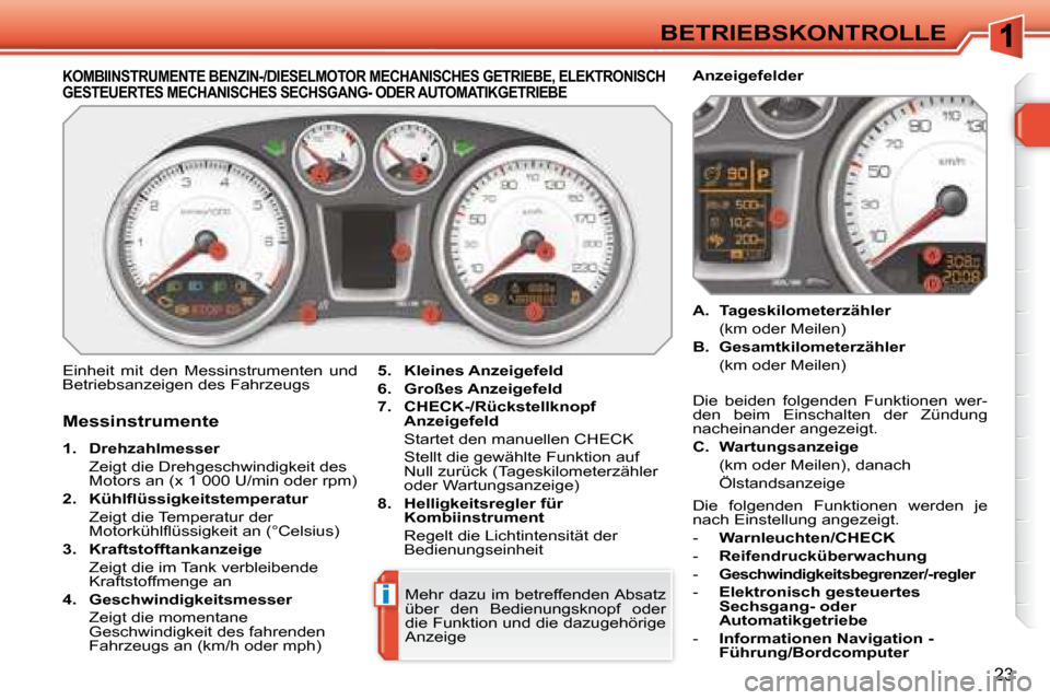 Peugeot 308 SW BL 2008 Betriebsanleitung (in German) i
23
BETRIEBSKONTROLLE
KOMBIINSTRUMENTE BENZIN-/DIESELMOTOR MECHANISCHES GETRIEBE, ELEKTRONISCH GESTEUERTES MECHANISCHES SECHSGANG- ODER AUTOMATIKG ETRIEBE
Einheit mit den Messinstru Peugeot 308 SW BL 2008 Betriebsanleitung (in German) i
23
BETRIEBSKONTROLLE
KOMBIINSTRUMENTE BENZIN-/DIESELMOTOR MECHANISCHES GETRIEBE, ELEKTRONISCH GESTEUERTES MECHANISCHES SECHSGANG- ODER AUTOMATIKG ETRIEBE
Einheit mit den Messinstru