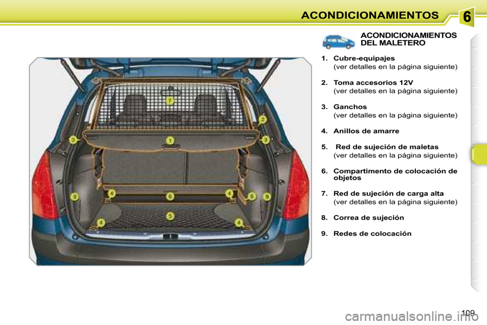 Peugeot 308 SW BL 2008  Manual del propietario (in Spanish) 109
ACONDICIONAMIENTOS
               ACONDICIONAMIENTOS DEL MALETERO 
   
1.     Cubre-equipajes     
  (ver detalles en la página siguiente)  
  
2.     Toma accesorios 12V     
  (ver detalles en 