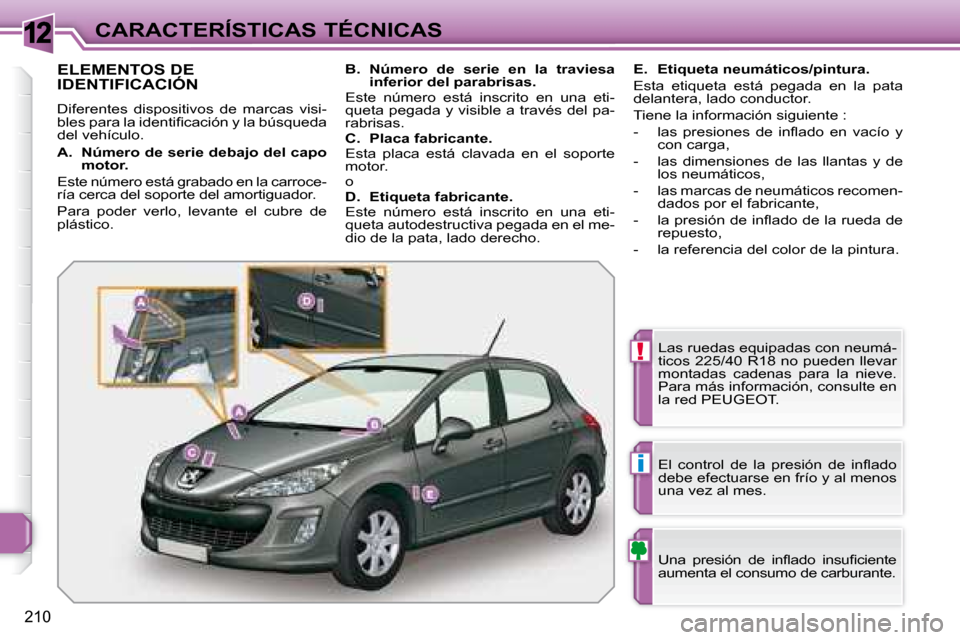 Peugeot 308 SW BL 2008  Manual del propietario (in Spanish) 12
!
i
210
CARACTERÍSTICAS TÉCNICAS
                   ELEMENTOS DE IDENTIFICACIÓN 
 Diferentes  dispositivos  de  marcas  visi- 
�b�l�e�s� �p�a�r�a� �l�a� �i�d�e�n�t�i�ﬁ� �c�a�c�i�ó�n� �y� �l�a