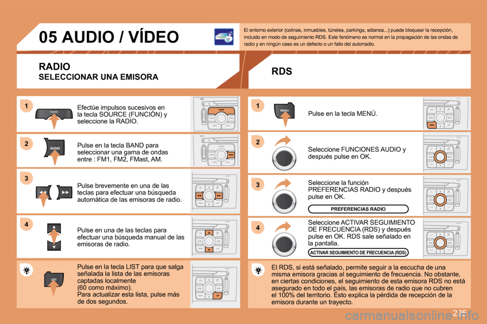 Peugeot 308 SW BL 2008  Manual del propietario (in Spanish) 225
11
22
33
44
SOURCE
BAND
MENU
ESC
MENU LIST
ESC
MENU LIST
ESC
MENU LIST
11
22
33
44
LIST
05     AUDIO / VÍDEO 
 RADIO 
 SELECCIONAR UNA EMISORA 
 Efectúe impulsos sucesivos en �l�a� �t�e�c�l�a� �
