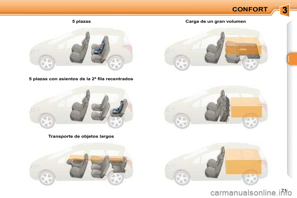 Peugeot 308 SW BL 2008  Manual del propietario (in Spanish) 71
CONFORT
  5 plazas  
� � �5� �p�l�a�z�a�s� �c�o�n� �a�s�i�e�n�t�o�s� �d�e� �l�a� �2�ª� �ﬁ� �l�a� �r�e�c�e�n�t�r�a�d�o�s� � 
  Transporte de objetos largos     Carga de un gran volumen           