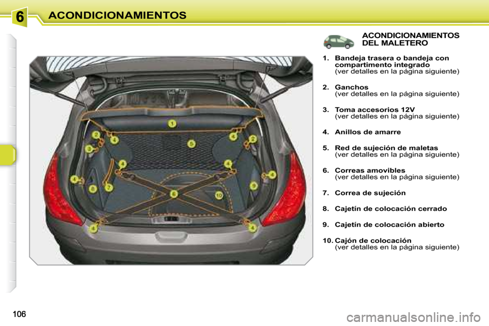 Peugeot 308 SW BL 2008  Manual del propietario (in Spanish) ACONDICIONAMIENTOS
  ACONDICIONAMIENTOS  
DEL MALETERO 
   
1.     Bandeja trasera o bandeja con  
compartimento integrado     
  (ver detalles en la página siguiente)  
  
2.     Ganchos     
  (ver