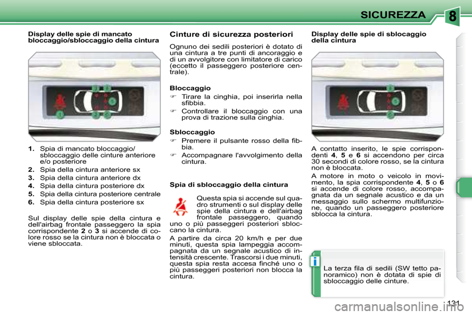 Peugeot 308 SW BL 2008  Manuale del proprietario (in Italian) i
131
SICUREZZA
   
1.    Spia di mancato bloccaggio/
sbloccaggio delle cinture anteriore  
e/o posteriore 
  
2. � �  �S�p�i�a� �d�e�l�l�a� �c�i�n�t�u�r�a� �a�n�t�e�r�i�o�r�e� �s�x� 
  
3. � �  �S�p�