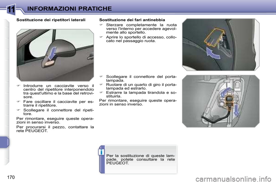Peugeot 308 SW BL 2008  Manuale del proprietario (in Italian) 11
i
�1�7�0
INFORMAZIONI PRATICHE
          
 
  Sostituzione dei ripetitori laterali  
   
�    Introdurre  un  cacciavite  verso  il 
centro  del  ripetitore  interponendolo  
tra questultimo e 