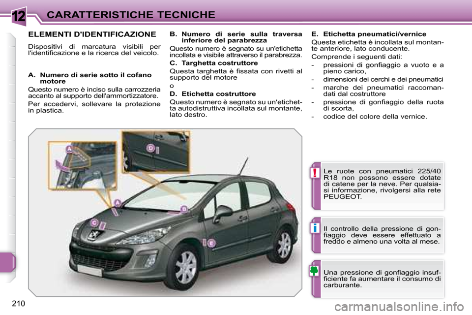 Peugeot 308 SW BL 2008  Manuale del proprietario (in Italian) 12
!
i
210
CARATTERISTICHE TECNICHE
                   ELEMENTI DIDENTIFICAZIONE 
 Dispositivi  di  marcatura  visibili  per  
�l��i�d�e�n�t�i�ﬁ� �c�a�z�i�o�n�e� �e� �l�a� �r�i�c�e�r�c�a� �d�e�l� 
