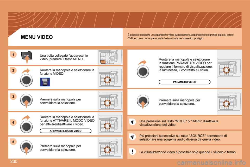 Peugeot 308 SW BL 2008  Manuale del proprietario (in Italian) 230
ESC
MENU LIST
MENU11
22
ESC
MENU LIST
ESC
MENU LIST
33
44
ESC
MENU LIST55
ESC
MENU LIST
ESC
MENU LIST
� �È� �p�o�s�s�i�b�i�l�e� �c�o�l�l�e�g�a�r�e� �u�n� �a�p�p�a�r�e�c�c�h�i�o� �v�i�d�e�o� �(�v�