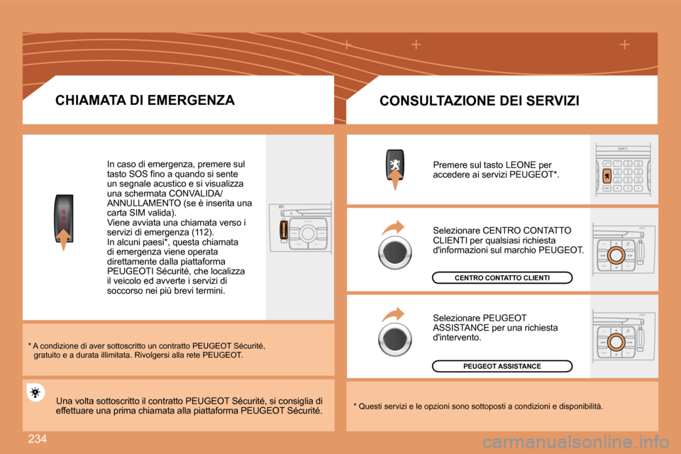 Peugeot 308 SW BL 2008  Manuale del proprietario (in Italian) 234
S
O
S
S
O SSOU R CE
MODE B AND TP T
A Y
DARK
ESC
MENU LIST
ESC
MENU LIST
  CHIAMATA DI EMERGENZA 
  *      A condizione di aver sottoscritto un contratto  PEUGEOT   Sécurité, gratuito e a durata