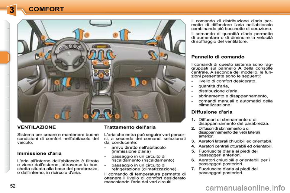 Peugeot 308 SW BL 2008  Manuale del proprietario (in Italian) 52
COMFORT
       VENTILAZIONE 
 Sistema per creare e mantenere buone  
condizioni  di  comfort  nellabitacolo  del 
veicolo. 
  Trattamento dellaria 
 Laria che entra può seguire vari percor-
si,