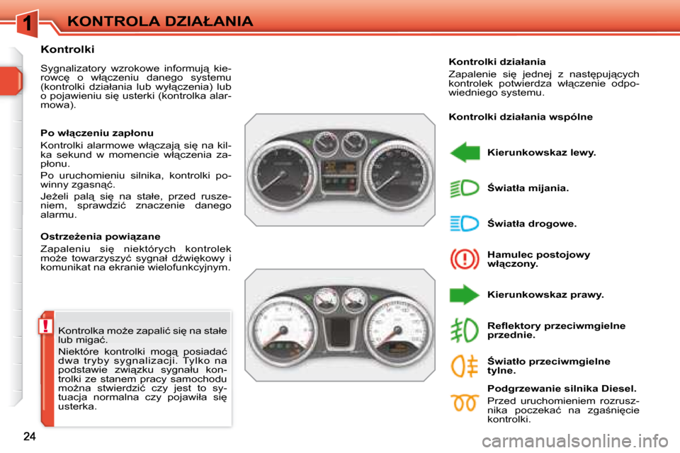 Peugeot 308 SW BL 2008  Instrukcja Obsługi (in Polish) !
�K�O�N�T�R�O�L�A� �D�Z�I�A�Ł�A�N�I�A
� �K�o�n�t�r�o�l�k�a� �m�oG�e� �z�a�p�a�l�i�ć� �s�i
� �n�a� �s�t�a�ł�e�  
�l�u�b� �m�i�g�a�ć�.�  
� �N�i�e�k�t�ó�r�e�  �k�o�n�t�r�o�l�k�i�  �m�o�g"�  �p�