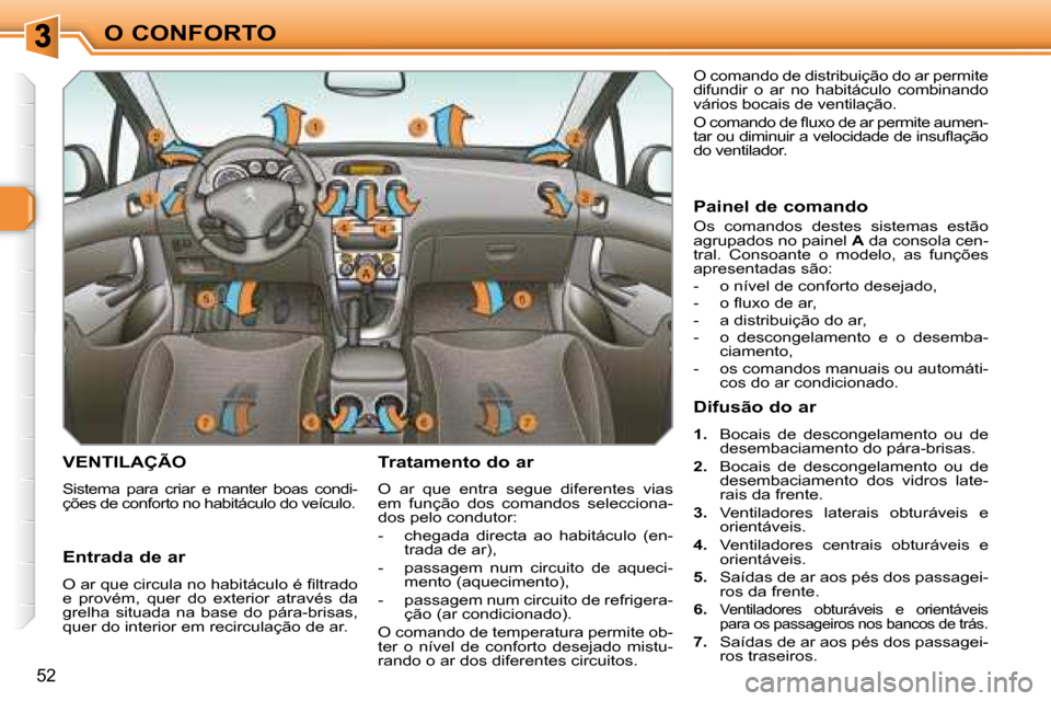 Peugeot 308 SW BL 2008  Manual do proprietário (in Portuguese) 52
O CONFORTO
       VENTILAÇÃO 
 Sistema  para  criar  e  manter  boas  condi- 
ções de conforto no habitáculo do veículo.   Tratamento do ar  
 O  ar  que  entra  segue  diferentes  vias  
em 
