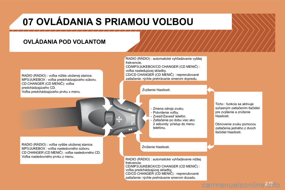 Peugeot 308 SW BL 2008  Užívateľská príručka (in Slovak) �2�3�5
�0�7
� �R�A�D�I�O� �(�R�Á�D�I�O�)� �:� �v�o-�b�a� �n�i�ž�š�i�e� �u�l�o�ž�e�n�e�j� �s�t�a�n�i�c�e�.� � �M�P�3�/�J�U�K�E�B�O�X� �:� �v�o-�b�a� �p�r�e�d�c�h�á�d�z�a�j�ú�c�e�h�o� �s�ú�b�o�