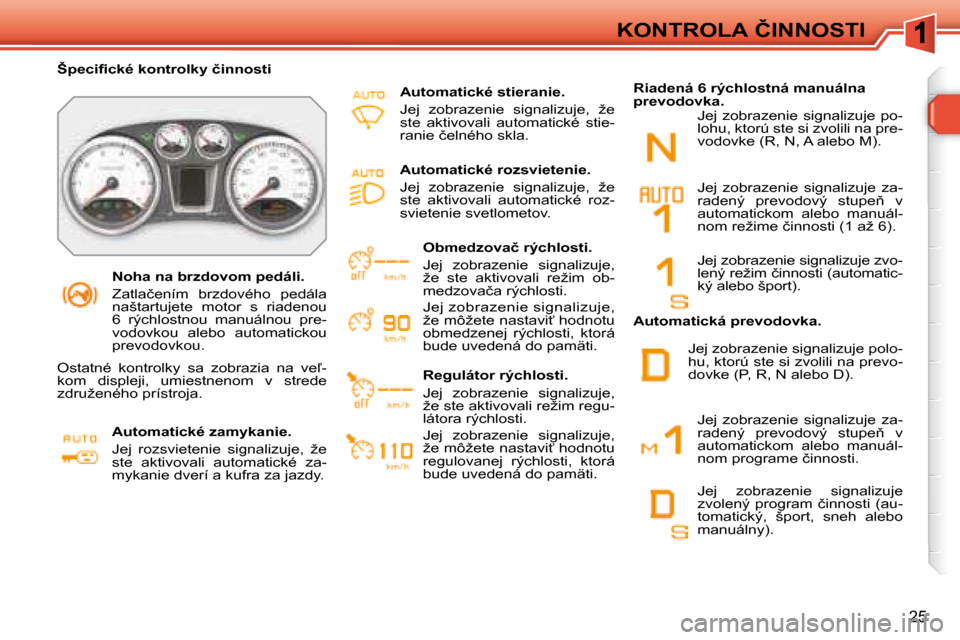 Peugeot 308 SW BL 2008  Užívateľská príručka (in Slovak) �2�5
�K�O�N�T�R�O�L�A� �Č�I�N�N�O�S�T�I
� � � �N�o�h�a� �n�a� �b�r�z�d�o�v�o�m� �p�e�d�á�l�i�.�  
� �Z�a�t�l�a�č�e�n�í�m�  �b�r�z�d�o�v�é�h�o�  �p�e�d�á�l�a�  
�n�a�š�t�a�r�t�u�j�e�t�e�  �m�o�t
