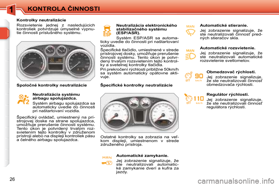 Peugeot 308 SW BL 2008  Užívateľská príručka (in Slovak) 26
�K�O�N�T�R�O�L�A� �Č�I�N�N�O�S�T�I
� � � �K�o�n�t�r�o�l�k�y� �n�e�u�t�r�a�l�i�z�á�c�i�e�  
� �R�o�z�s�v�i�e�t�e�n�i�e�  �j�e�d�n�e�j�  �z�  �n�a�s�l�e�d�u�j�ú�c�i�c�h�  
�k�o�n�t�r�o�l�i�e�k�  �