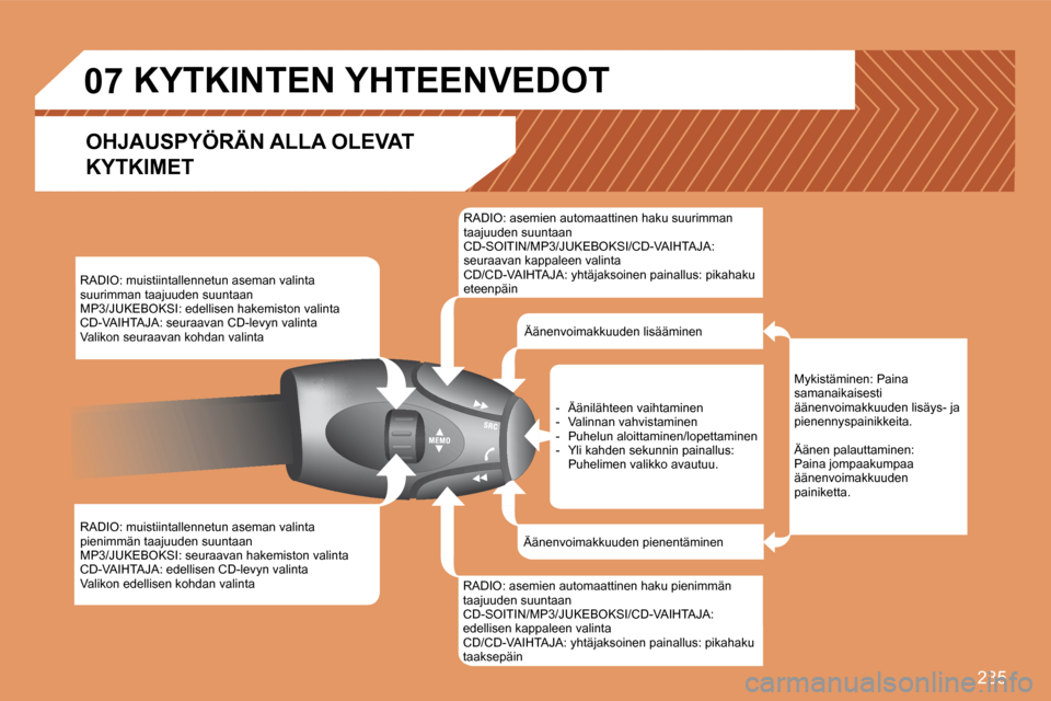 Peugeot 308 SW BL 2008  Omistajan käsikirja (in Finnish) 235
07
 RADIO: muistiintallennetun aseman valinta suurimman taajuuden suuntaan  MP3/JUKEBOKSI: edellisen hakemiston valinta  CD-VAIHTAJA: seuraavan CD-levyn valinta  Valikon seuraavan kohdan valinta 

