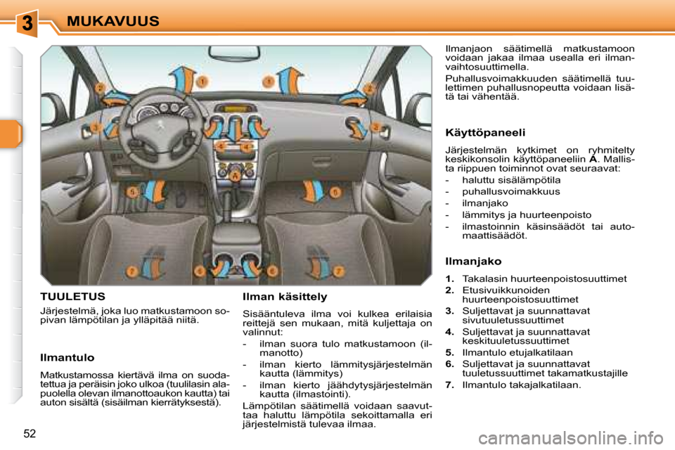 Peugeot 308 SW BL 2008  Omistajan käsikirja (in Finnish) 52
MUKAVUUS
       TUULETUS 
 Järjestelmä, joka luo matkustamoon so- 
pivan lämpötilan ja ylläpitää niitä.   Ilman käsittely  
 Sisääntuleva  ilma  voi  kulkea  erilaisia  
reittejä  sen  