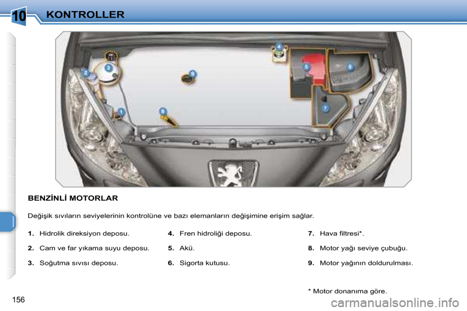 Peugeot 308 SW BL 2008  Kullanım Kılavuzu (in Turkish) �1�0
�1�5�6
�K�O�N�T�R�O�L�L�E�R
� � � � � � � � � � � �B�E�N�Z�İ�N�L�İ� �M�O�T�O�R�L�A�R� 
� �D�e�ğ�i�ş�i�k� �s�ı�v�ı�l�a�r�ı�n� �s�e�v�i�y�e�l�e�r�i�n�i�n� �k�o�n�t�r�o�l�ü�n�e� �v�e� �b�a�z