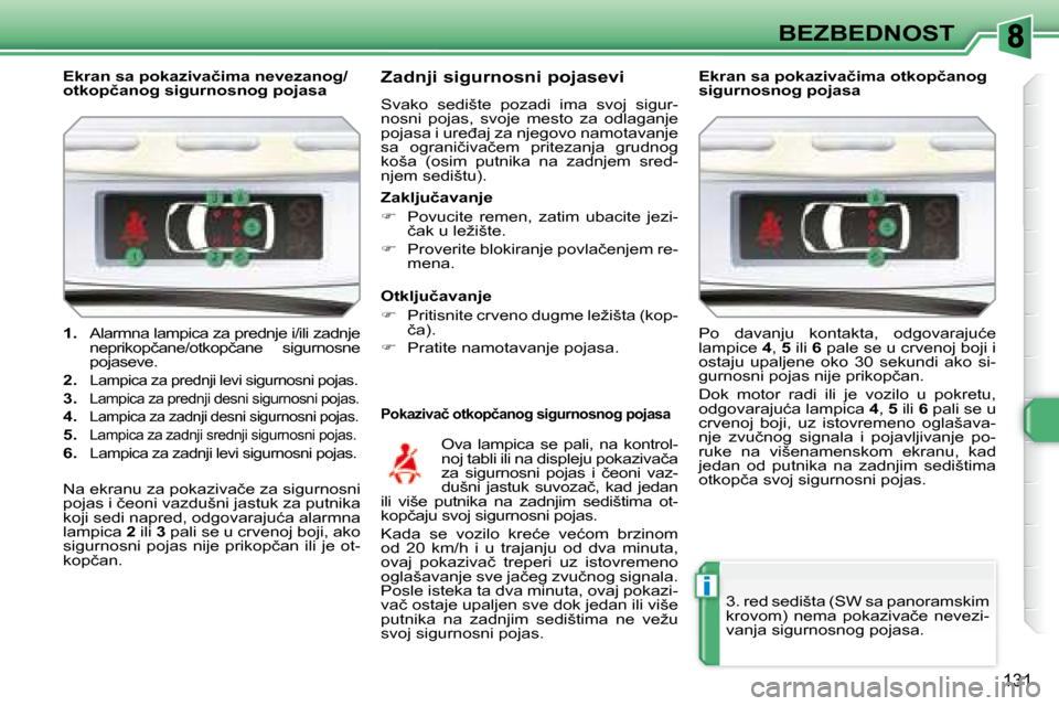 Peugeot 308 SW BL 2008  Упутство за употребу (in Serbian) i
131
BEZBEDNOST
   
1.    Alarmna lampica za prednje i/ili zadnje 
�n�e�p�r�i�k�o�p�č�a�n�e�/�o�t�k�o�p�č�a�n�e�  �s�i�g�u�r�n�o�s�n�e�  
�p�o�j�a�s�e�v�e�.� 
  
2.   
�L�a�m�p�i�c�a� �z�a� �p�r�e�