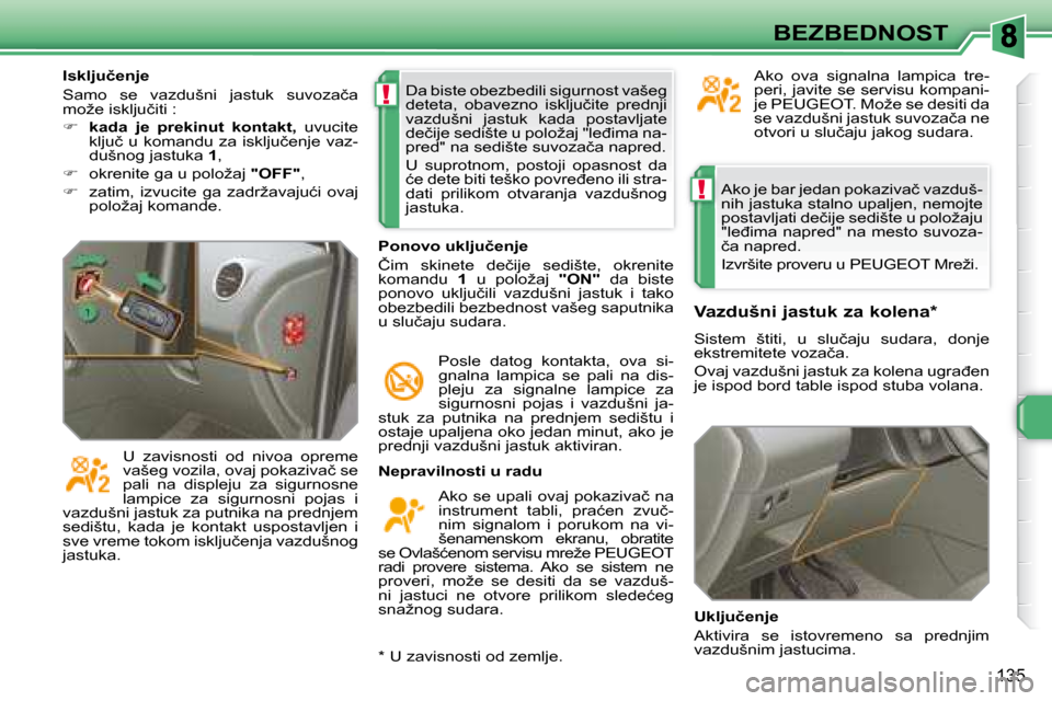 Peugeot 308 SW BL 2008  Упутство за употребу (in Serbian) !
!
135
BEZBEDNOST
� �A�k�o� �j�e� �b�a�r� �j�e�d�a�n� �p�o�k�a�z�i�v�a�č� �v�a�z�d�u�š�- 
nih jastuka stalno upaljen, nemojte 
�p�o�s�t�a�v�l�j�a�t�i� �d�e�č�i�j�e� �s�e�d�i�š�t�e� �u� �p�o�l�o�