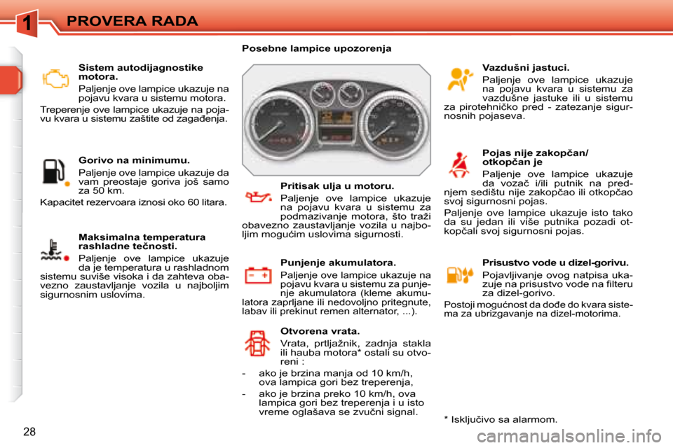 Peugeot 308 SW BL 2008  Упутство за употребу (in Serbian) 28
PROVERA RADA  � � � �S�i�s�t�e�m� �a�u�t�o�d�i�j�a�g�n�o�s�t�i�k�e�  
�m�o�t�o�r�a�.�  
� �P�a�l�j�e�n�j�e� �o�v�e� �l�a�m�p�i�c�e� �u�k�a�z�u�j�e� �n�a�  
�p�o�j�a�v�u� �k�v�a�r�a� �u� �s�i�s�t�e�