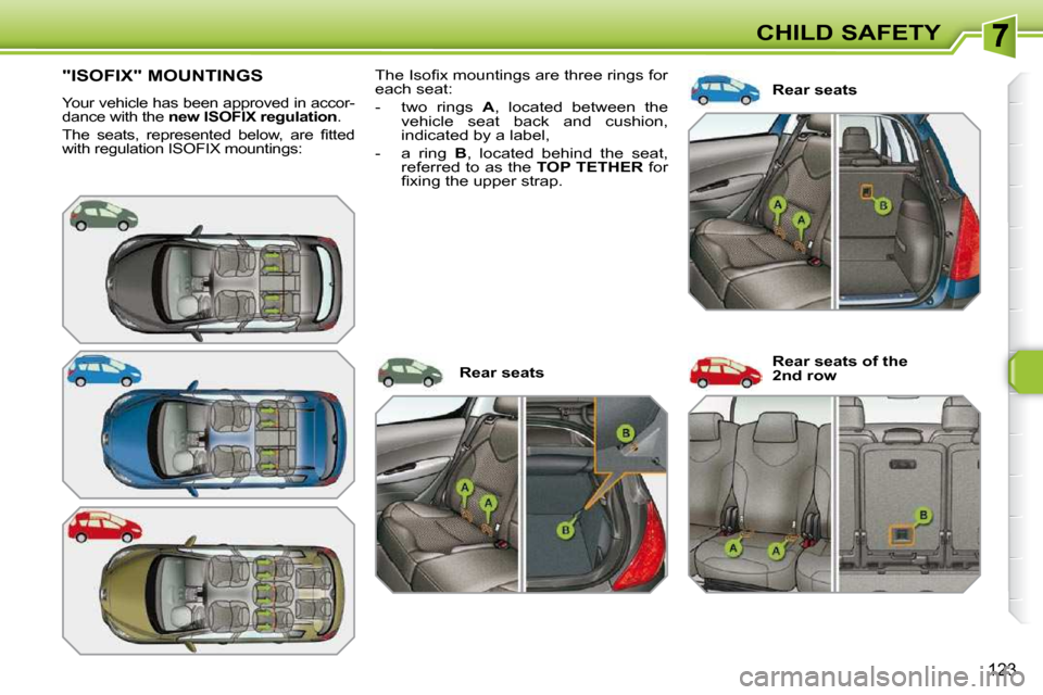 Peugeot 308 SW BL Dag 2009.5  Owners Manual �1�2�3
CHILD SAFETY
"ISOFIX" MOUNTINGS 
 Your vehicle has been approved in accor- 
dance with the  new ISOFIX regulation  . 
� �T�h�e�  �s�e�a�t�s�,�  �r�e�p�r�e�s�e�n�t�e�d�  �b�e�l�o�w�,�  �a�r�e�  