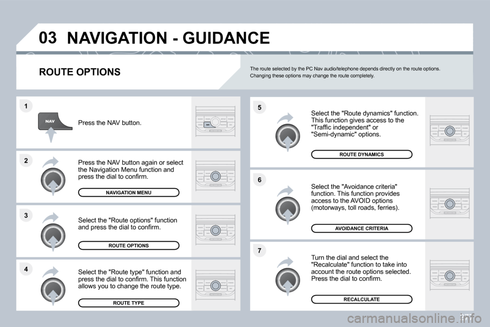 Peugeot 308 SW BL Dag 2009.5  Owners Manual 277
�4
�3
�2
�1
�7
�6
�5
�0�3� �N�A�V�I�G�A�T�I�O�N� �-� �G�U�I�D�A�N�C�E� 
� � �R�O�U�T�E� �O�P�T�I�O�N�S� 
  Select the "Route dynamics" function. � �T�h�i�s� �f�u�n�c�t�i�o�n� �g�i�v�e�s� �a�c�c�e�