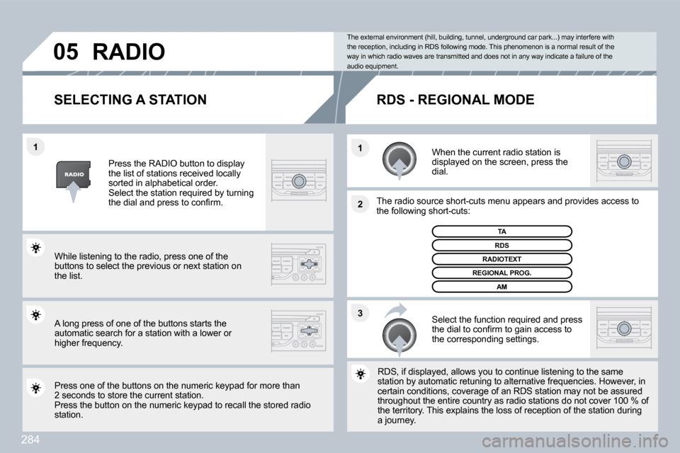 Peugeot 308 SW BL Dag 2009.5  Owners Manual 284
�3
�2
�1
�1
�0�5
�S�E�L�E�C�T�I�N�G� �A� �S�T�A�T�I�O�N� 
  When the current radio station is displayed on the screen, press the dial.  
  The radio source short-cuts menu appears and prov
idesovi