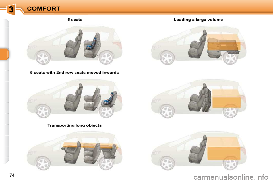 Peugeot 308 SW BL Dag 2009.5  Owners Manual 74
COMFORT  5 seats  
� � �5� �s�e�a�t�s� �w�i�t�h� �2�n�d� �r�o�w� �s�e�a�t�s� �m�o�v�e�d� �i�n�w�a�r�d�s� � 
� � �T�r�a�n�s�p�o�r�t�i�n�g� �l�o�n�g� �o�b�j�e�c�t�s� �  � � �L�o�a�d�i�n�g� �a� �l�a�r
