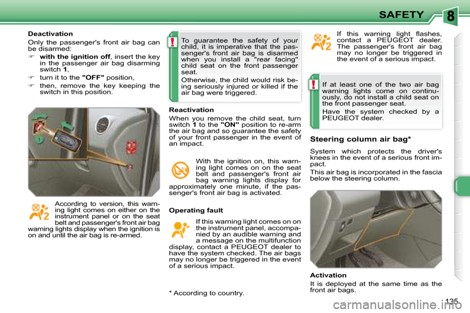 Peugeot 308 SW BL Dag 2008  Owners Manual !
!
135
SAFETY
 If  at  least  one  of  the  two  air  bag  
warning  lights  come  on  continu-
ously, do not install a child seat on 
the front passenger seat.  
  Have  the  system  checked  by  a 