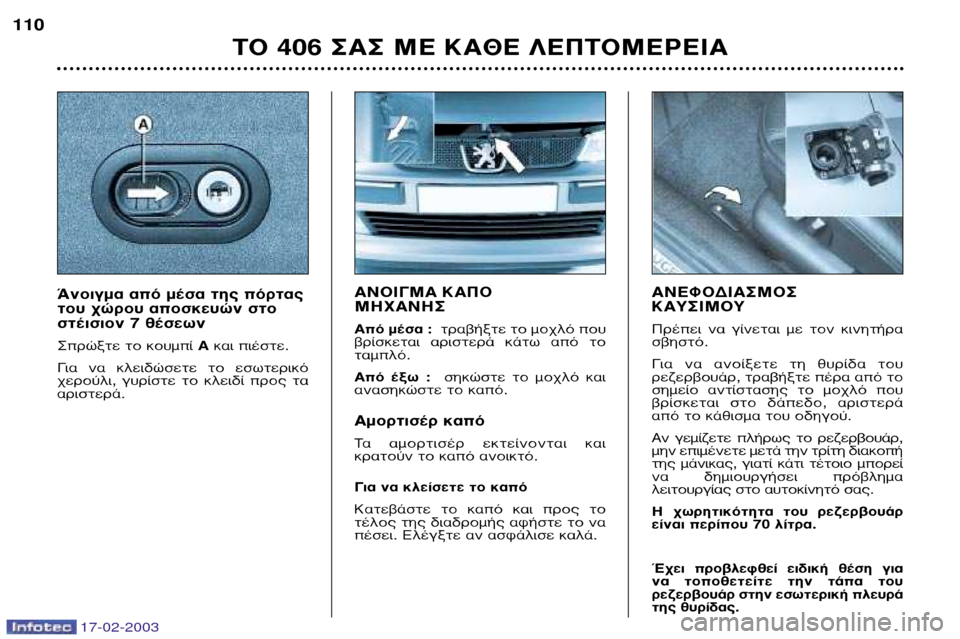 Peugeot 406 Break 2003  Εγχειρίδιο χρήσης (in Greek) 17-02-2003
∞¡√π°ª∞ ∫∞¶√  ª∏Ã∞¡∏™ 
∞ﬁ Ì¤Û· : ÙÚ·‚‹ÍÙÂ ÙÔ ÌÔ¯Ïﬁ Ô˘
‚Ú›ÛÎÂÙ·È  ·ÚÈÛÙÂÚ¿  Î¿Ùˆ  ·ﬁ  ÙÔ Ù·Ì