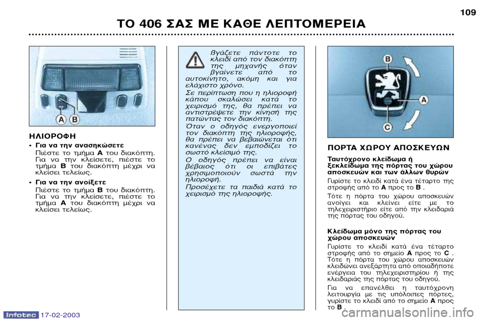 Peugeot 406 Break 2003  Εγχειρίδιο χρήσης (in Greek) 17-02-2003
¶√ƒ∆∞ Ãøƒ√À ∞¶√™∫∂Àø¡ 
∆·˘Ùﬁ¯ÚÔÓÔ ÎÏÂ›‰ˆÌ· ‹ 
ÍÂÎÏÂ›‰ˆÌ· ÙË˜ ﬁÚÙ·˜ ÙÔ˘ ¯ÒÚÔ˘
·ÔÛÎÂ˘ÒÓ Î·È 