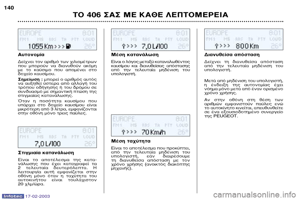 Peugeot 406 Break 2003  Εγχειρίδιο χρήσης (in Greek) 17-02-2003
∞˘ÙÔÓÔÌ›· 
¢Â›¯ÓÂÈ ÙÔÓ ·ÚÈıÌﬁ ÙˆÓ ¯ÈÏÈÔÌ¤ÙÚˆÓ 
Ô˘  ÌÔÚÔ‡Ó  Ó·  ‰È·Ó˘ıÔ‡Ó  ·ÎﬁÌË
ÌÂ  ÙÔ  Î·‡ÛÈÌÔ  