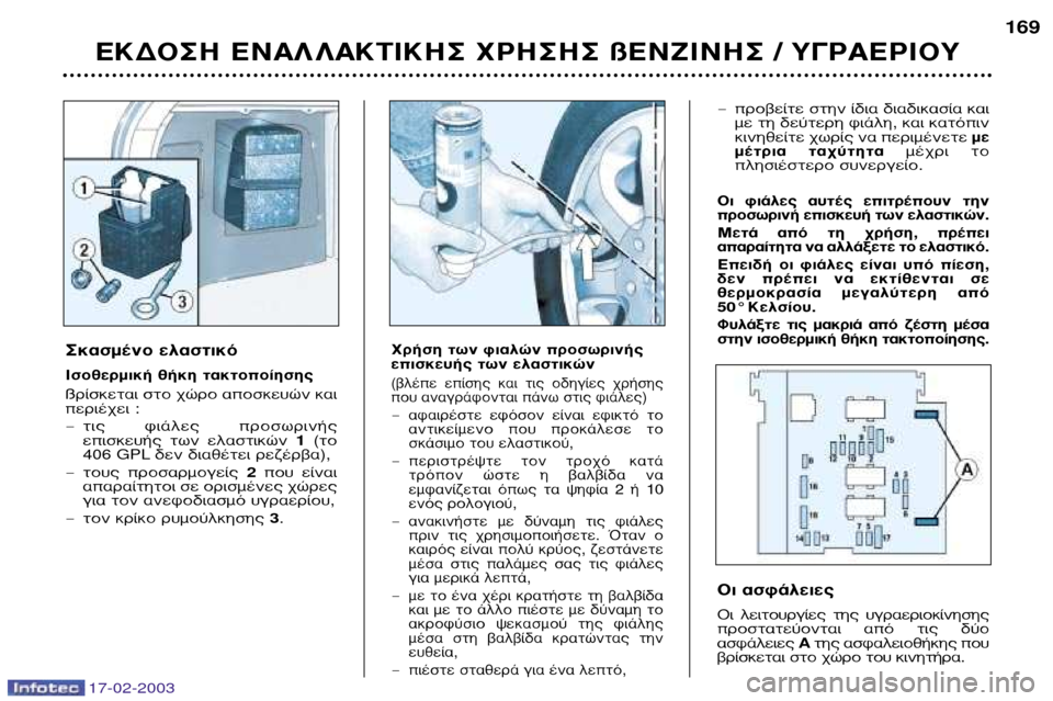 Peugeot 406 Break 2003  Εγχειρίδιο χρήσης (in Greek) 17-02-2003
∂∫¢√™∏ ∂¡∞§ §∞∫∆π∫∏™ Ãƒ∏™∏™ ß∂¡∑π¡∏™ / À°ƒ∞∂ƒπ√À169
™Î·ÛÌ¤ÓÔ ÂÏ·ÛÙÈÎﬁ 
πÛÔıÂÚÌÈÎ‹ ı‹ÎË Ù