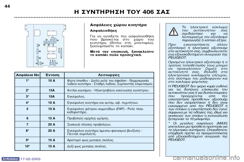 Peugeot 406 Break 2003  Εγχειρίδιο χρήσης (in Greek) 17-02-2003
∞ÛÊ¿ÏÂÈÂ˜ ¯ÒÚÔ˘ ÎÈÓËÙ‹Ú· 
∞ÛÊ·ÏÂÈÔı‹ÎË 
°È·  Ó·  ·ÓÔ›ÍÂÙÂ  ÙËÓ  ·ÛÊ·ÏÂÈÔı‹ÎË 
Ô˘  ‚Ú›ÛÎÂÙ·È  ÛÙÔ  ¯Ò