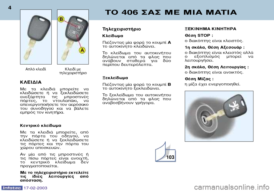 Peugeot 406 Break 2003 Εγχειρίδιο χρήσης (in Greek) ∫§∂π¢π∞
ªÂ Ù· ÎÏÂȉȿ ÌÔÚ›Ù ӷ
ÎÏÂȉÒÛÂÙ ‹ Ó· ÍÂÎÏÂȉÒÛÂÙÂ
·ÓÂÍ¿ÚÙËÙ· ÙȘ ÌÚÔÛÙÈÓ¤˜
fiÚÙ˜ Peugeot 406 Break 2003 Εγχειρίδιο χρήσης (in Greek) ∫§∂π¢π∞
ªÂ Ù· ÎÏÂȉȿ ÌÔÚ›Ù ӷ
ÎÏÂȉÒÛÂÙ ‹ Ó· ÍÂÎÏÂȉÒÛÂÙÂ
·ÓÂÍ¿ÚÙËÙ· ÙȘ ÌÚÔÛÙÈÓ¤˜
fiÚÙ˜