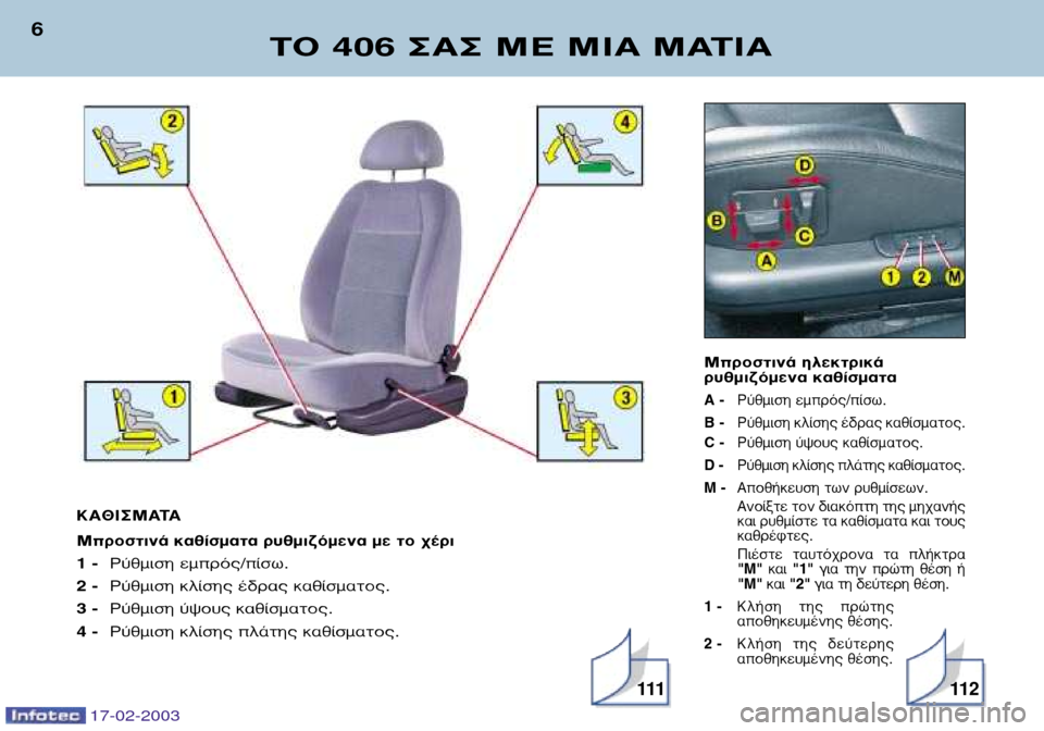 Peugeot 406 Break 2003  Εγχειρίδιο χρήσης (in Greek) 17-02-2003
ªÚÔÛÙÈÓ¿ ËÏÂÎÙÚÈÎ¿ 
Ú˘ıÌÈ˙ﬁÌÂÓ· Î·ı›ÛÌ·Ù·
A -ƒ‡ıÌÈÛË ÂÌÚﬁ˜/›Ûˆ.
B - ƒ‡ıÌÈÛË ÎÏ›ÛË˜ ¤‰Ú·˜ Î·ı›ÛÌ