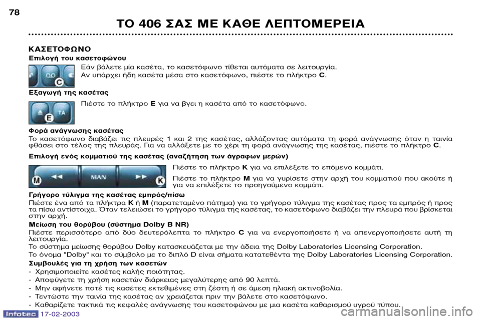 Peugeot 406 Break 2003  Εγχειρίδιο χρήσης (in Greek) 17-02-2003
∫∞™∂∆√ºø¡√ 
∂ÈÏÔÁ‹ ÙÔ˘ Î·ÛÂÙÔÊÒÓÔ˘∂¿Ó ‚¿ÏÂÙÂ Ì›· Î·Û¤Ù·, ÙÔ Î·ÛÂÙﬁÊˆÓÔ Ù›ıÂÙ·È ·˘ÙﬁÌ·Ù· ÛÂ Ï