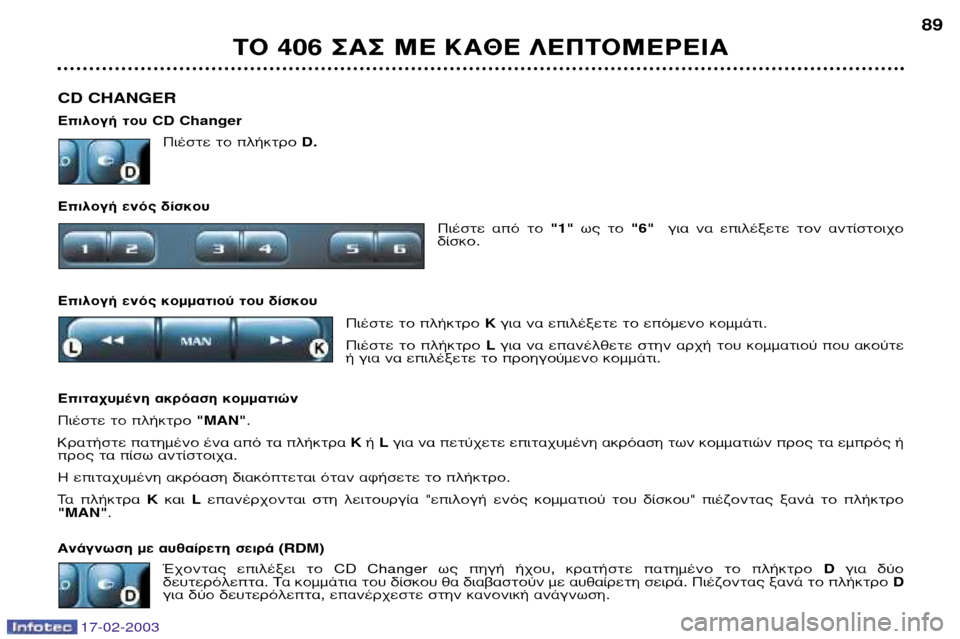 Peugeot 406 Break 2003  Εγχειρίδιο χρήσης (in Greek) 17-02-2003
CD CHANGER 
EÈÏÔÁ‹ ÙÔ˘ CD Changer
¶È¤ÛÙÂ ÙÔ Ï‹ÎÙÚÔ  D.
∂ÈÏÔÁ‹ ÂÓﬁ˜ ‰›ÛÎÔ˘ ¶È¤ÛÙÂ  ·ﬁ  ÙÔ "1"ˆ˜  ÙÔ "6" ÁÈ·  Ó·  
