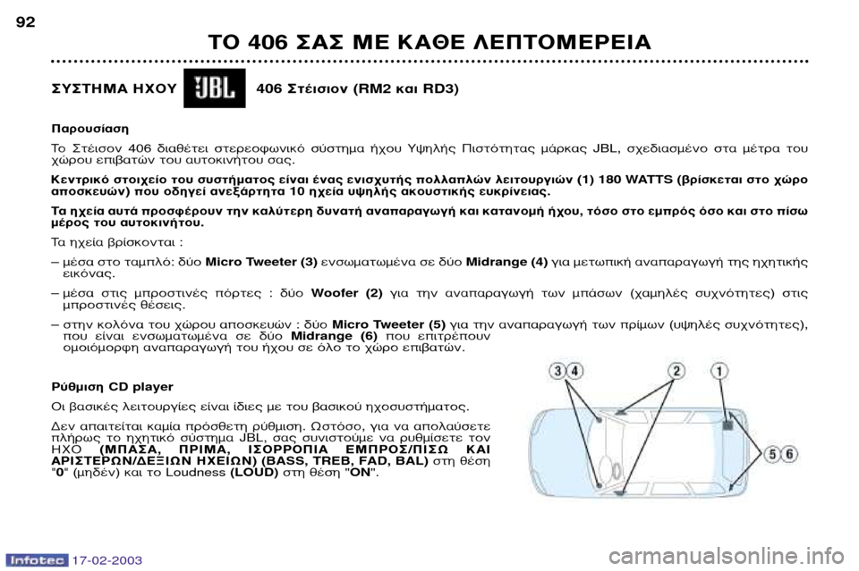 Peugeot 406 Break 2003  Εγχειρίδιο χρήσης (in Greek) 17-02-2003
∆√ 406 ™∞™ ª∂ ∫∞£∂ §∂¶∆√ª∂ƒ∂π∞
92
™À™∆∏ª∞ ∏Ã√À   406 ™Ù¤ÈÛÈÔÓ ( RM2 Î·È RD3)
¶·ÚÔ˘Û›·ÛË ∆ Ô  ™Ù¤ÈÛÔÓ