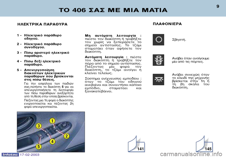Peugeot 406 Break 2003 Εγχειρίδιο χρήσης (in Greek) 17-02-2003
∆√ 406 ™∞™ ª∂ ªπ∞ ª∞∆π∞
9
¶§∞º√¡π∂ƒ∞ ™‚ËÛÙ‹.
∞Ó¿‚ÂÈ fiÙ·Ó ·ÓÔ›ÁÔ˘ÌÂ
Ì›· ·fi ÙȘ fiÚÙ˜.
∞Ó¿ Peugeot 406 Break 2003 Εγχειρίδιο χρήσης (in Greek) 17-02-2003
∆√ 406 ™∞™ ª∂ ªπ∞ ª∞∆π∞
9
¶§∞º√¡π∂ƒ∞ ™‚ËÛÙ‹.
∞Ó¿‚ÂÈ fiÙ·Ó ·ÓÔ›ÁÔ˘ÌÂ
Ì›· ·fi ÙȘ fiÚÙ˜.
∞Ó¿
